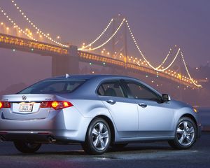 Preview wallpaper acura, tsx, 2010, blue metallic, side view, style, cars, bridges, lights, wet asphalt