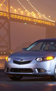 Preview wallpaper acura, tsx, 2010, blue metallic, front view, style, cars, bridges, lights, wet asphalt