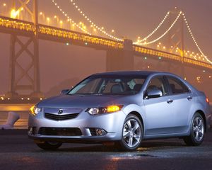 Preview wallpaper acura, tsx, 2010, blue metallic, front view, style, cars, bridges, lights, wet asphalt