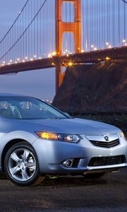 Preview wallpaper acura, tsx, 2010, blue, side view, style, cars, lights, bridge, river