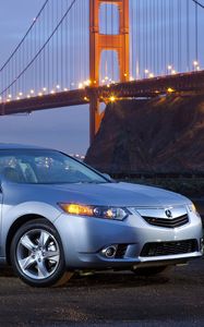 Preview wallpaper acura, tsx, 2010, blue, side view, style, cars, lights, bridge, river