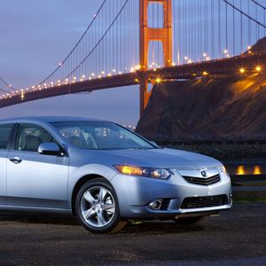 Preview wallpaper acura, tsx, 2010, blue, side view, style, cars, lights, bridge, river