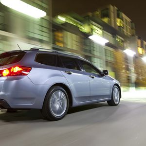 Preview wallpaper acura, tsx, 2010, blue, side view, style, cars, city, street, lights, speed, asphalt