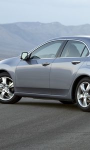 Preview wallpaper acura, tsx, 2010, metalliik gray, side view, style, cars, mountains, asphalt, fog