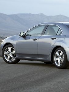 Preview wallpaper acura, tsx, 2010, metalliik gray, side view, style, cars, mountains, asphalt, fog