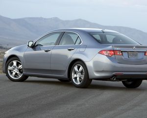 Preview wallpaper acura, tsx, 2010, metalliik gray, side view, style, cars, mountains, asphalt, fog