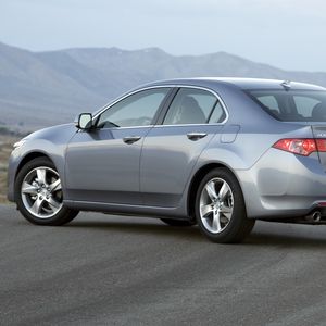 Preview wallpaper acura, tsx, 2010, metalliik gray, side view, style, cars, mountains, asphalt, fog