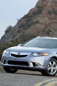 Preview wallpaper acura, tsx, 2010, blue, front view, style, cars, shrubs, rock, sky, asphalt