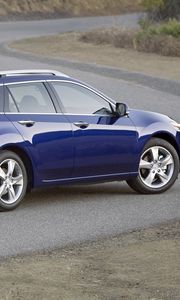 Preview wallpaper acura, tsx, 2010, blue, side view, style, cars, shrubs, asphalt