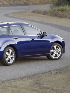 Preview wallpaper acura, tsx, 2010, blue, side view, style, cars, shrubs, asphalt