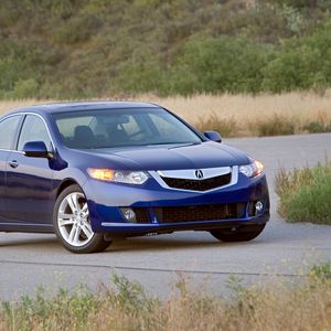 Preview wallpaper acura, tsx, v6, 2009, blue, front view, style, cars, nature, grass, trees, shrubs, asphalt