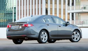 Preview wallpaper acura, tsx, v6, 2009, gray, side view, style, cars, building, reflection, asphalt
