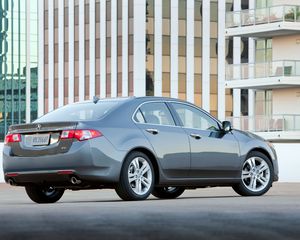 Preview wallpaper acura, tsx, v6, 2009, gray, side view, style, cars, building, reflection, asphalt