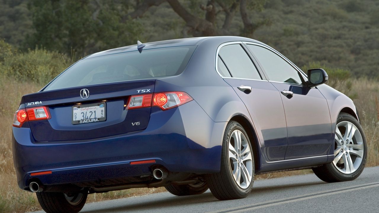 Wallpaper acura, tsx, v6, 2009, blue, rear view, style, cars, nature, trees, grass