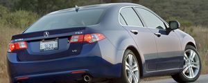 Preview wallpaper acura, tsx, v6, 2009, blue, rear view, style, cars, nature, trees, grass