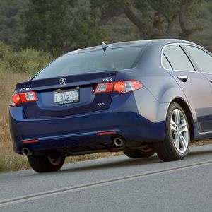Preview wallpaper acura, tsx, v6, 2009, blue, rear view, style, cars, nature, trees, grass
