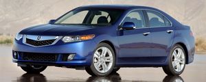 Preview wallpaper acura, tsx, v6, 2009, blue, side view, style, cars, wet asphalt, reflection, mountains