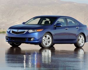 Preview wallpaper acura, tsx, v6, 2009, blue, side view, style, cars, wet asphalt, reflection, mountains