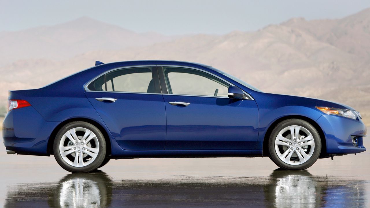 Wallpaper acura, tsx, v6, blue, side view, style, cars, reflection, wet asphalt, mountains