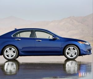 Preview wallpaper acura, tsx, v6, blue, side view, style, cars, reflection, wet asphalt, mountains
