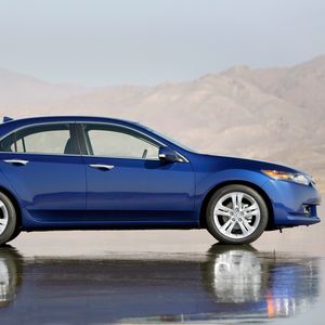 Preview wallpaper acura, tsx, v6, blue, side view, style, cars, reflection, wet asphalt, mountains