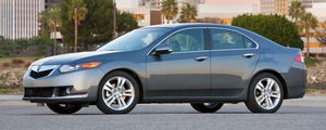 Preview wallpaper acura, tsx, v6, 2009, metallic gray, side view, style, cars, houses, palms, trees, asphalt, nature