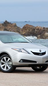 Preview wallpaper acura, zdx, 2009, silver metallic, side view, style, cars, sky, sea surf, rocks