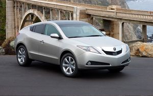 Preview wallpaper acura, zdx, 2009, silver metallic, side view, style, cars, nature, bridge, mountains, grass, sea