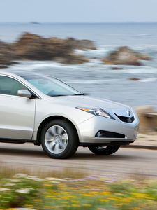 Preview wallpaper acura, zdx, 2009, silver metallic, side view, style, cars, speed, flowers, grass, sea