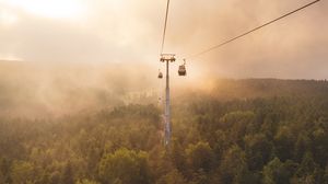 Preview wallpaper aerial lift, cable car, fog, trees, clouds