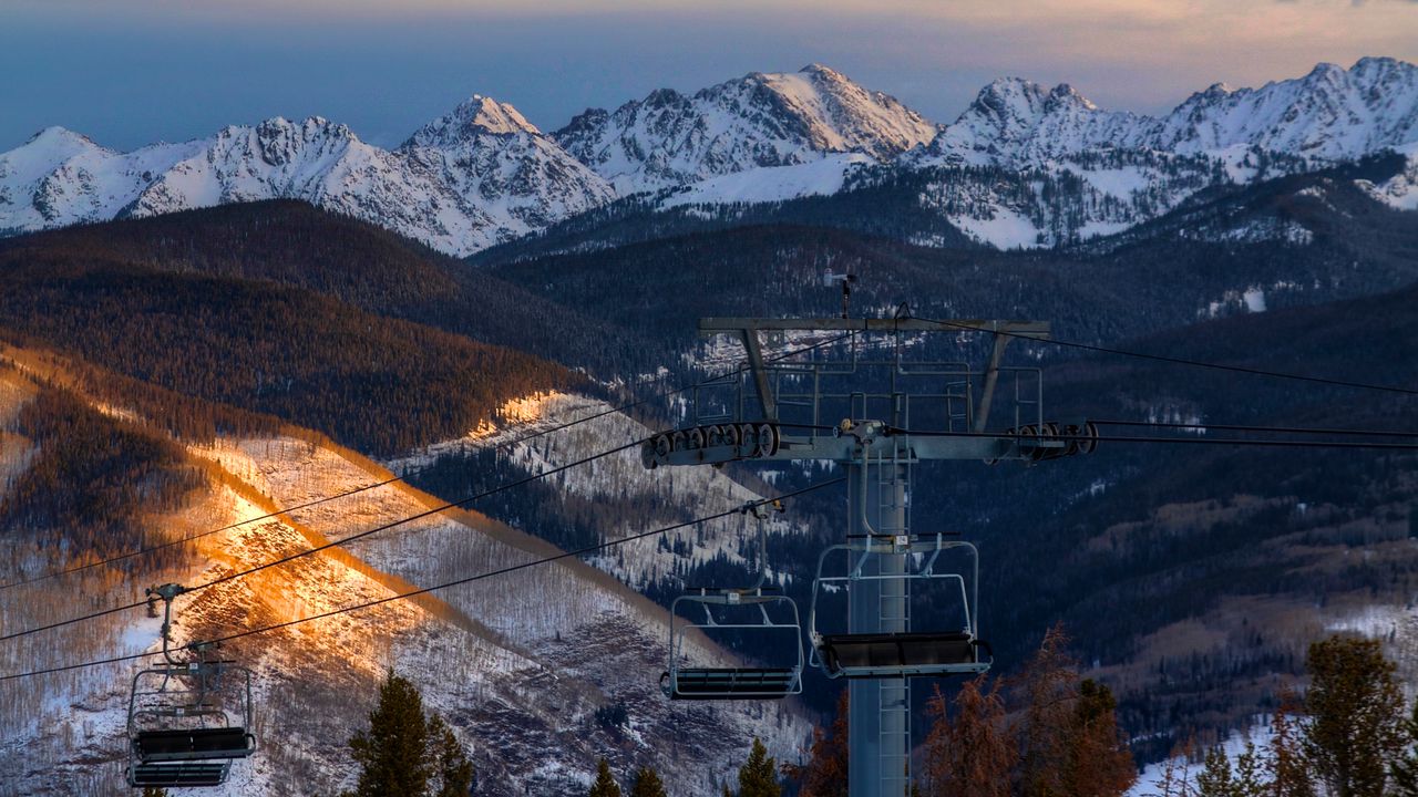Wallpaper aerial lift, mountains, winter, snow, peaks