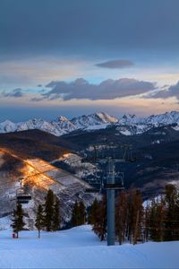 Preview wallpaper aerial lift, mountains, winter, snow, peaks