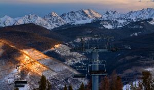 Preview wallpaper aerial lift, mountains, winter, snow, peaks