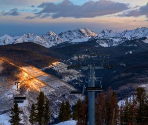 Preview wallpaper aerial lift, mountains, winter, snow, peaks