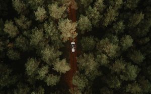 Preview wallpaper aerial view, car, forest, trees, road