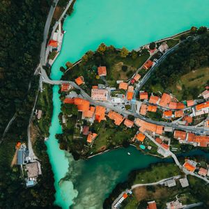 Preview wallpaper aerial view, city, river, forest, trees