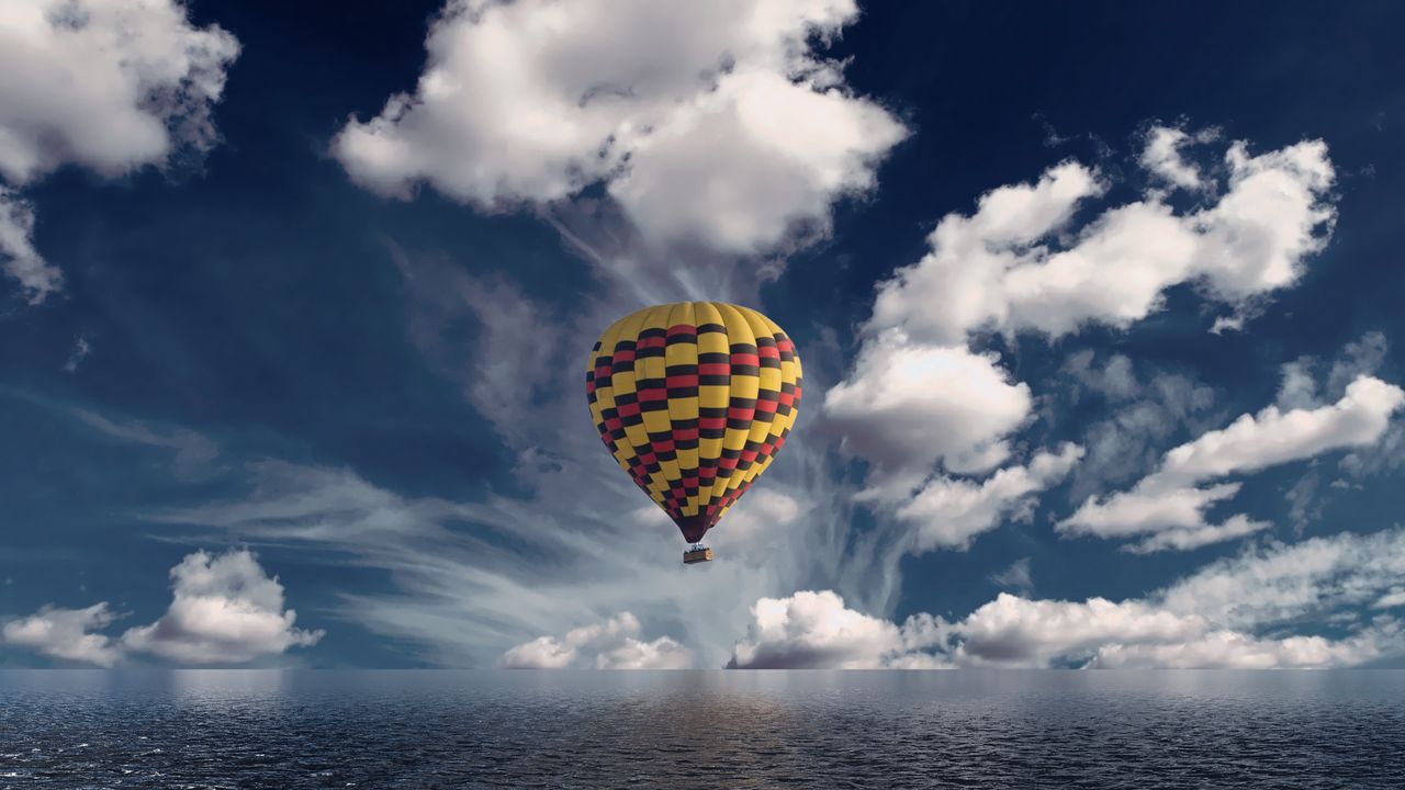 Wallpaper air balloon, aerostat, sea, horizon, clouds
