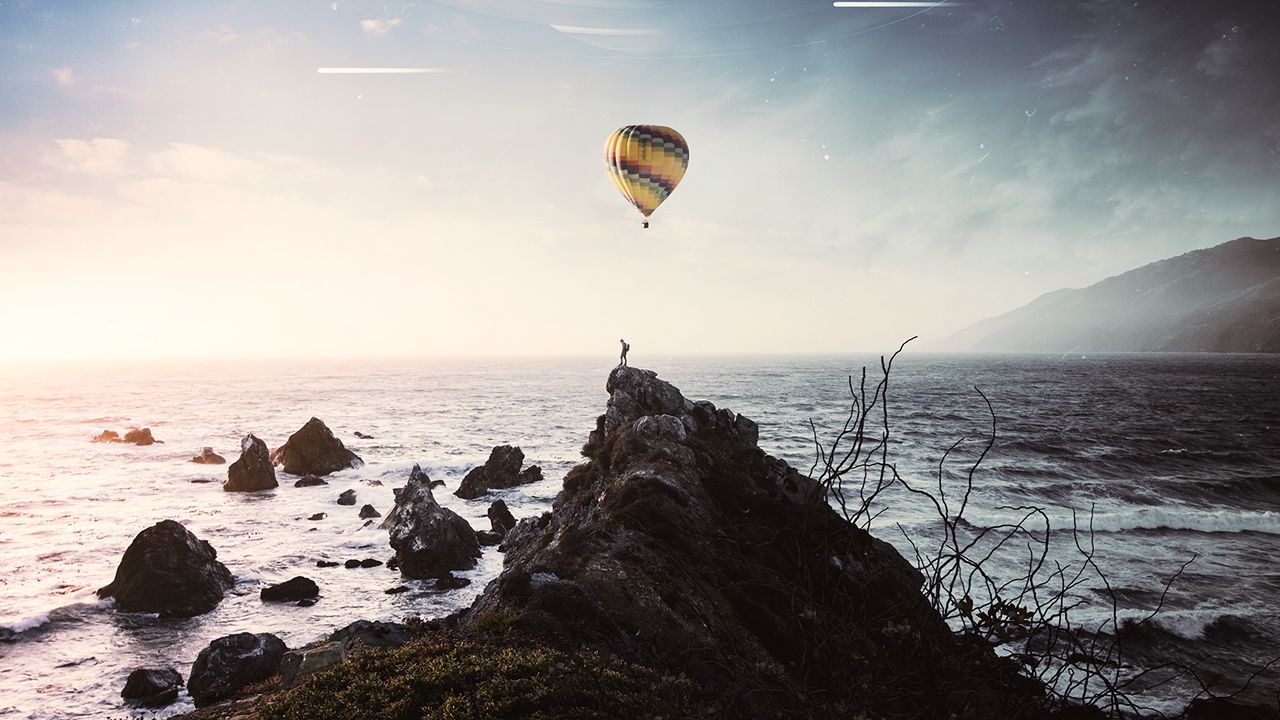 Wallpaper air balloon, clipping, silhouette, planet, photoshop