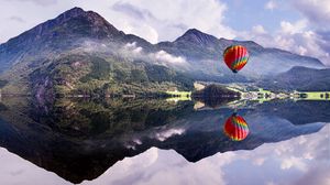 Preview wallpaper air balloon, mountain, lake, reflection