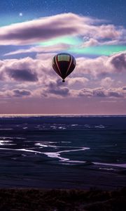 Preview wallpaper air balloon, ocean, aurora borealis, coast, clouds