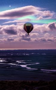 Preview wallpaper air balloon, ocean, aurora borealis, coast, clouds