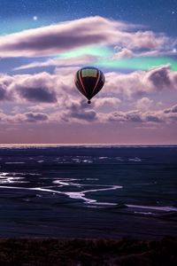 Preview wallpaper air balloon, ocean, aurora borealis, coast, clouds