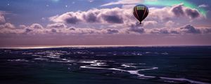 Preview wallpaper air balloon, ocean, aurora borealis, coast, clouds