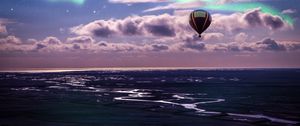 Preview wallpaper air balloon, ocean, aurora borealis, coast, clouds