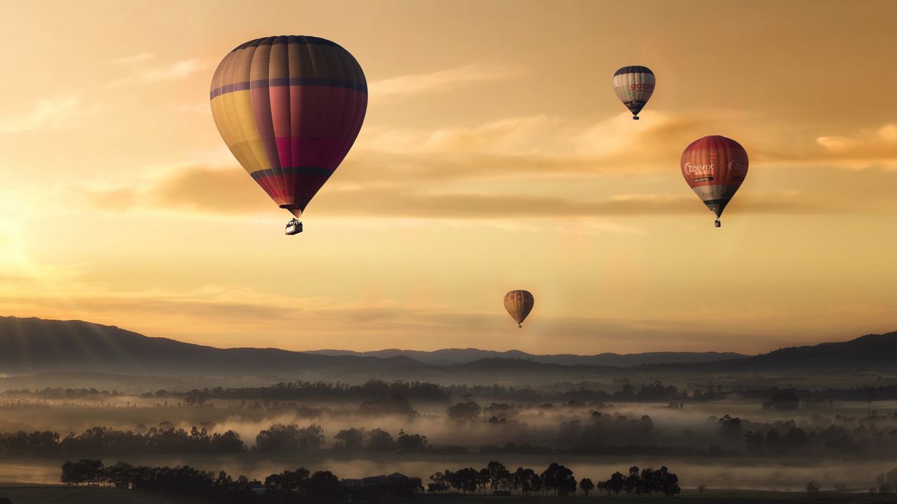 Wallpaper air balloons, field, fog, sky, sunset