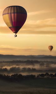 Preview wallpaper air balloons, field, fog, sky, sunset