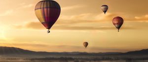 Preview wallpaper air balloons, field, fog, sky, sunset