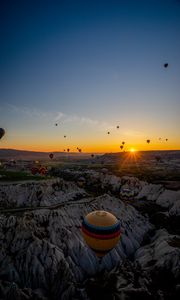 Preview wallpaper air balloons, mountains, sunrise, aerial view, landscape