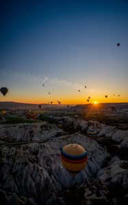 Preview wallpaper air balloons, mountains, sunrise, aerial view, landscape