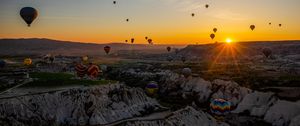 Preview wallpaper air balloons, mountains, sunrise, aerial view, landscape